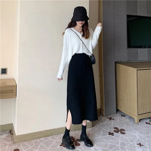 Autumn and Winter Korean Long Back Slit Skirt Hip Skirts All-match High Waist Slimming Black Knitted Skirt Women Plus Size