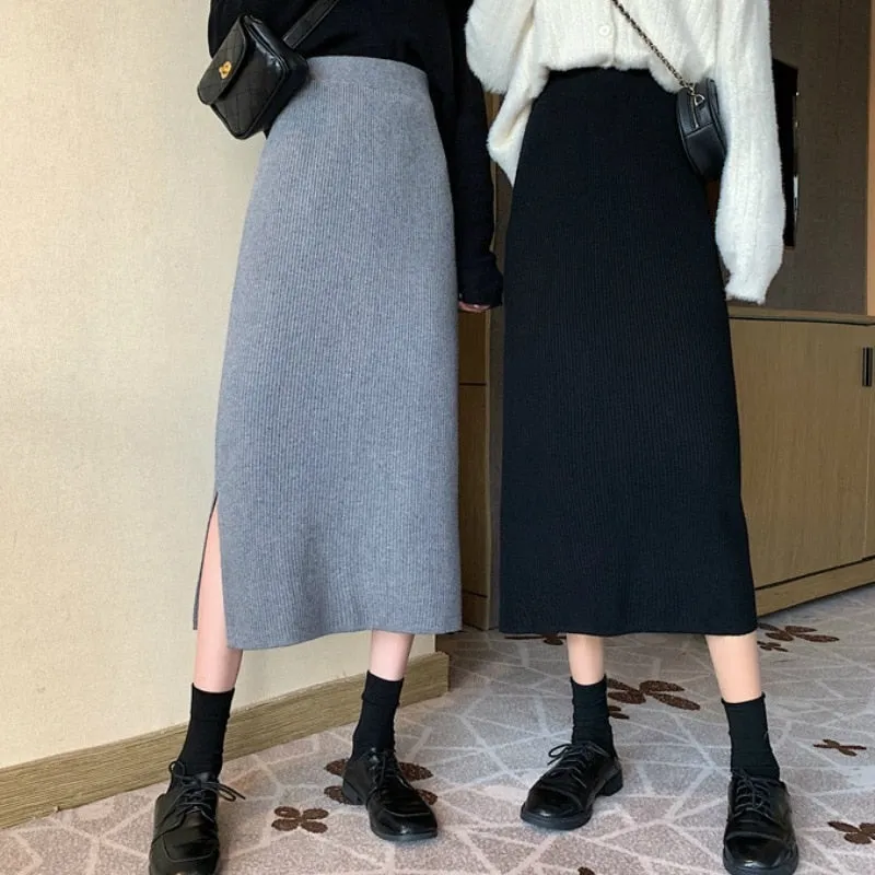 Autumn and Winter Korean Long Back Slit Skirt Hip Skirts All-match High Waist Slimming Black Knitted Skirt Women Plus Size