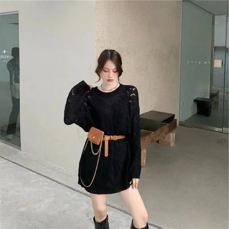 Autumn Fashion Korean Style White Sweater with Belt Hollow Out Kpop Streetwear Loose Pullovers Women Long Sleeve Top