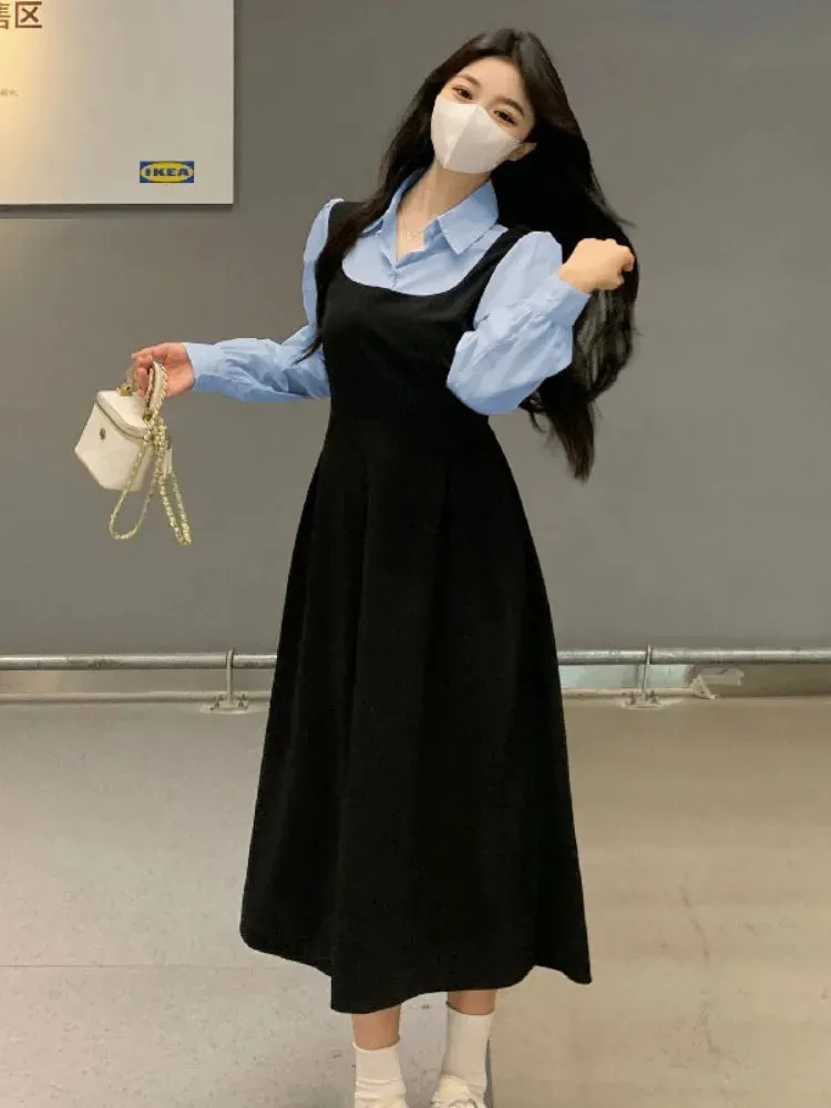 Autumn Korean Style School Long Sleeve Dress Women Kpop Casual Polo Black Dresses Kawaii Design Loose