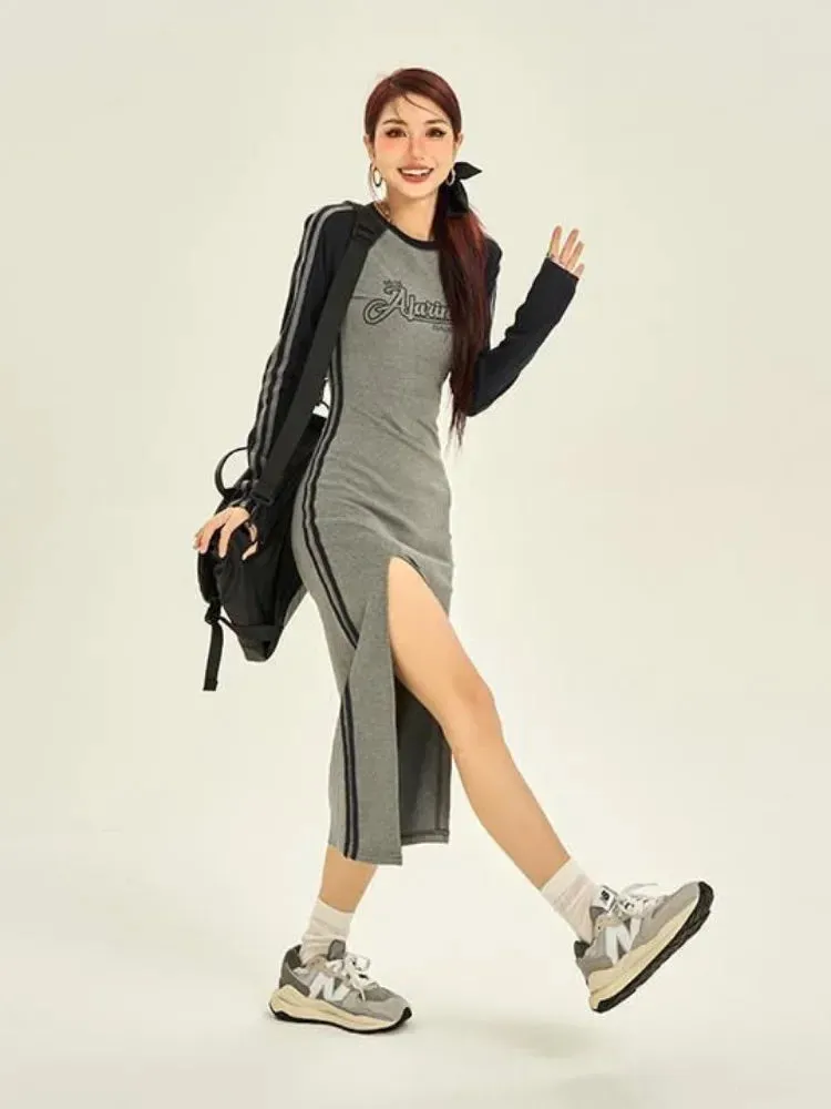 Autumn Korean Style School Student Boydcon split Dress Sport Women Spring Kpop Long Sleeve Midi Dresses Letter