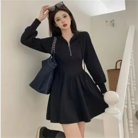 Autumn Korean Style Zipper Hooded Dress Women Kpop Wrap Long Sleeve Mini Short Dresses Fashion