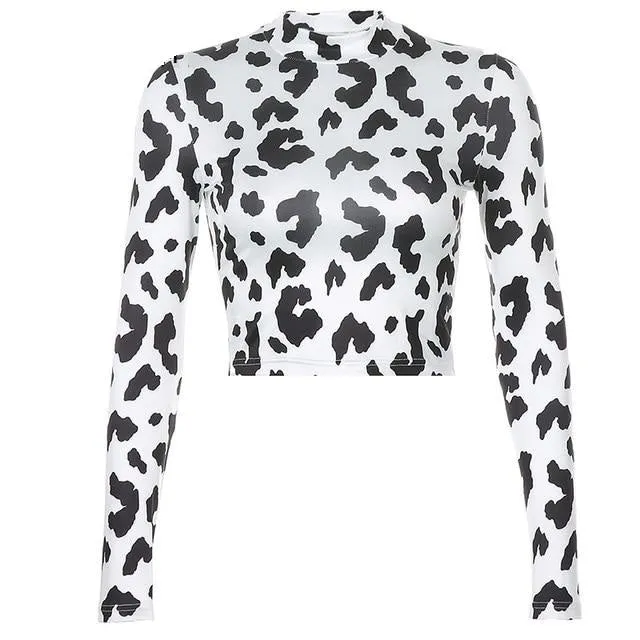 Autumn Long Sleeve Animal Cow Print Cute Turtleneck Long Sleeve