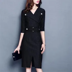 Autumn Wear V Neck Slim Fit Women’s Elegant Black Dress in Plus Size