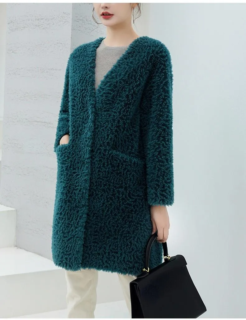 Autumn Winter Elegant Female Sheep Shearling Wool V-Neck Coats & Jackets