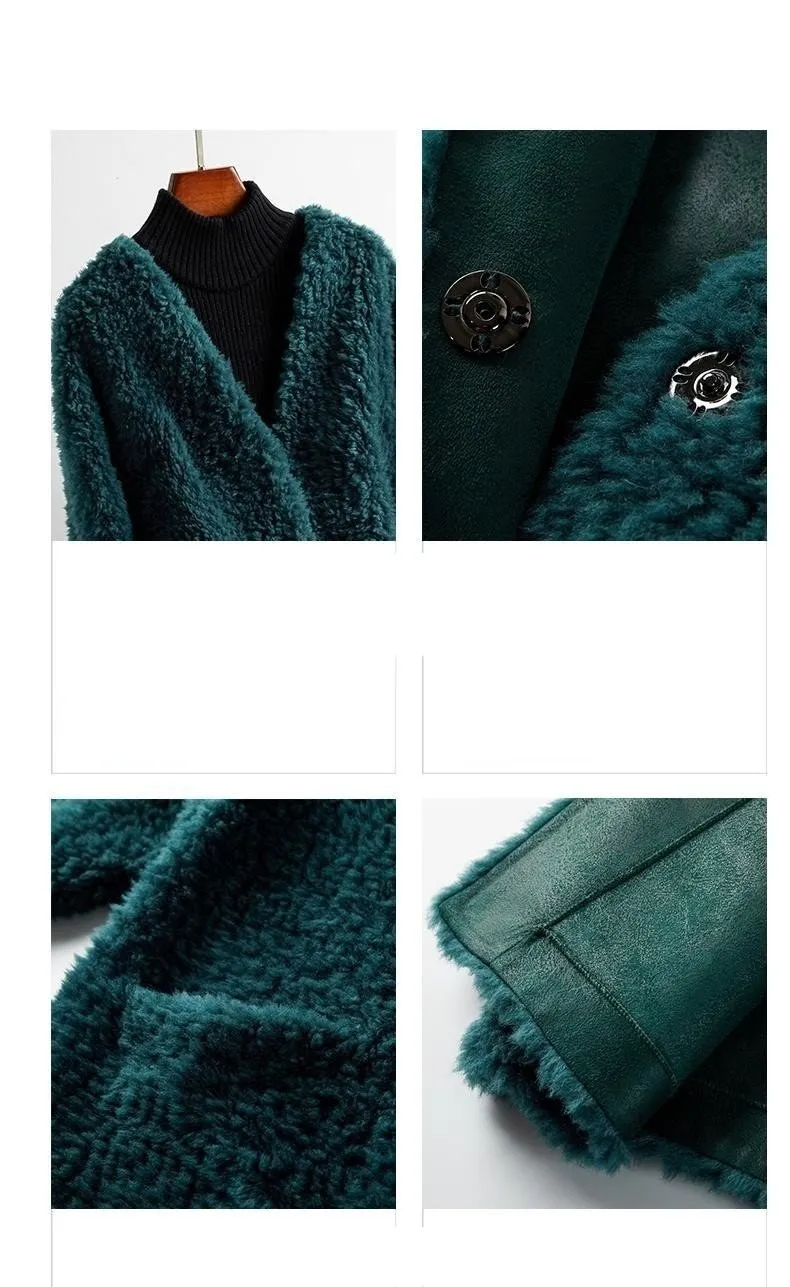 Autumn Winter Elegant Female Sheep Shearling Wool V-Neck Coats & Jackets