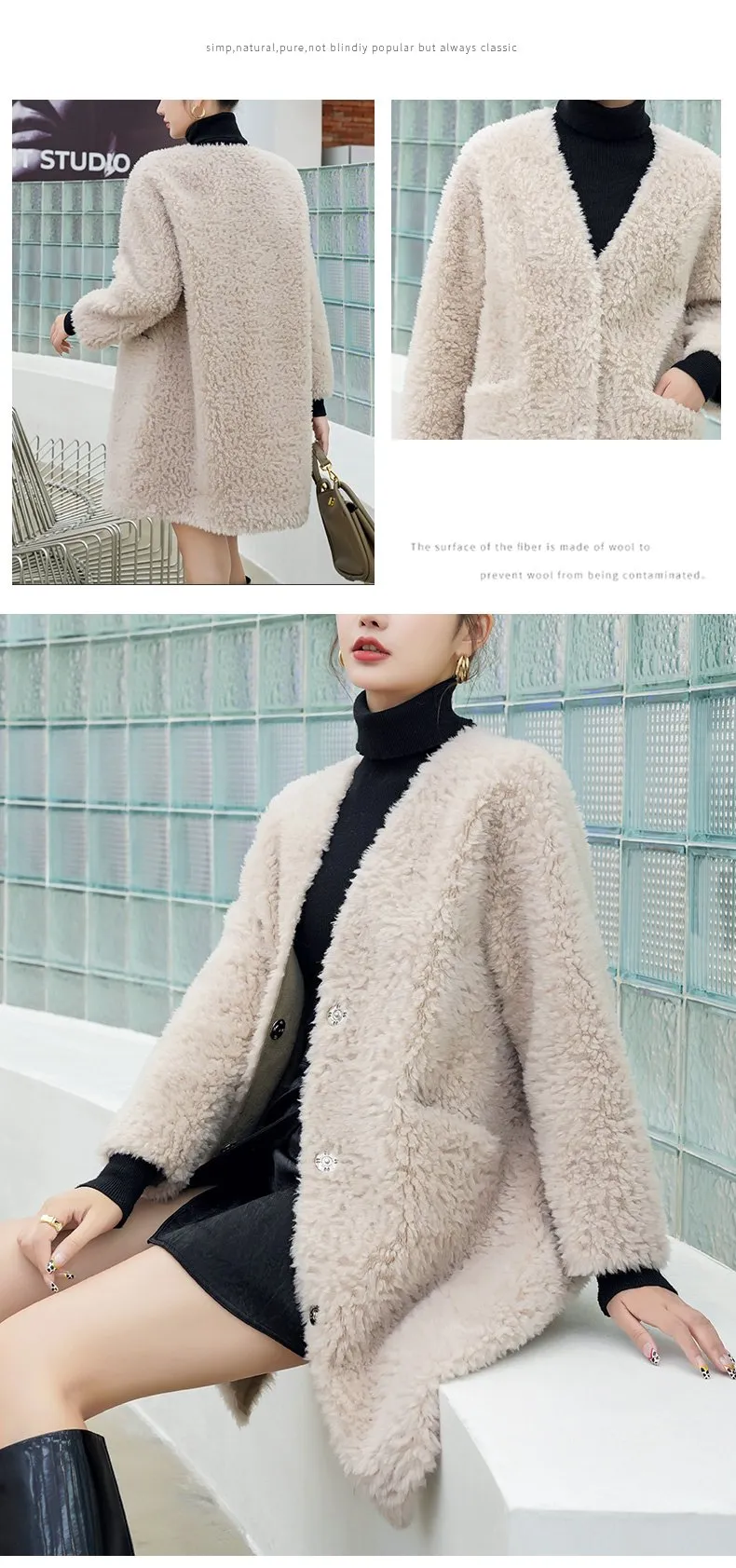 Autumn Winter Elegant Female Sheep Shearling Wool V-Neck Coats & Jackets