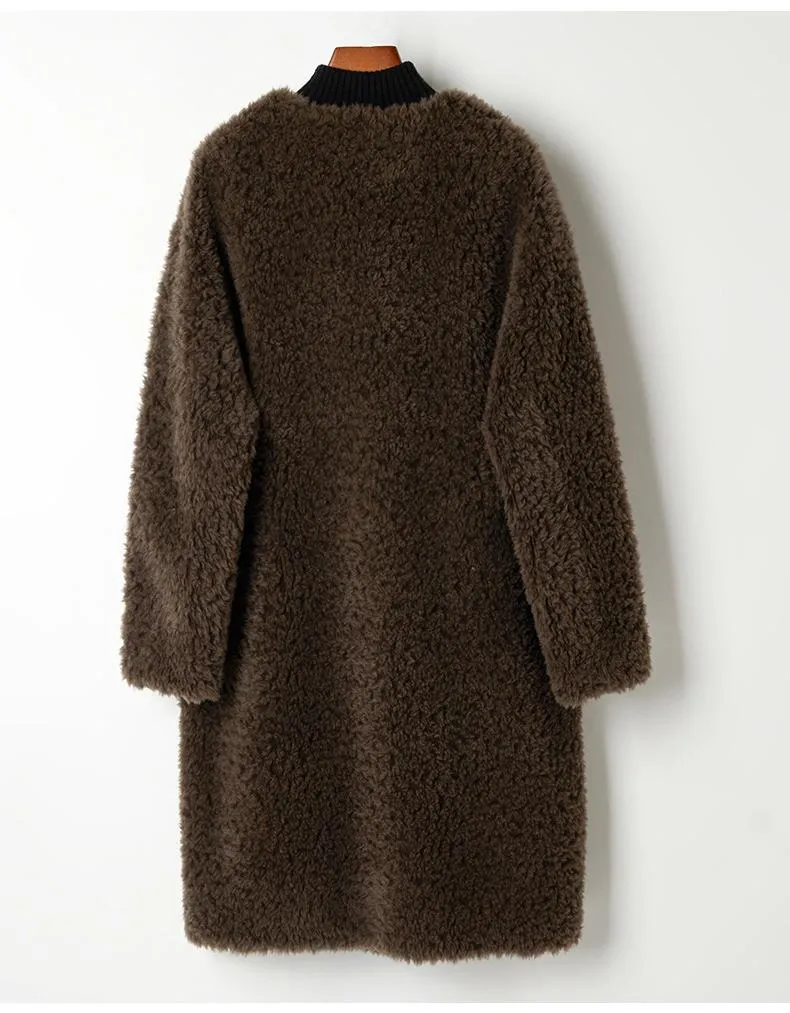 Autumn Winter Elegant Female Sheep Shearling Wool V-Neck Coats & Jackets