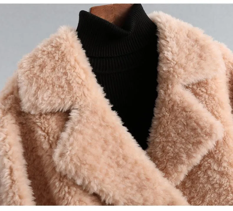 Autumn Winter Female Knitted Solid Sheep Shearling Wool Fur Coats & Jackets