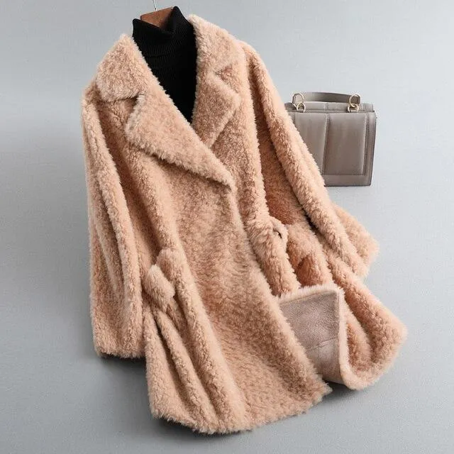 Autumn Winter Female Knitted Solid Sheep Shearling Wool Fur Coats & Jackets