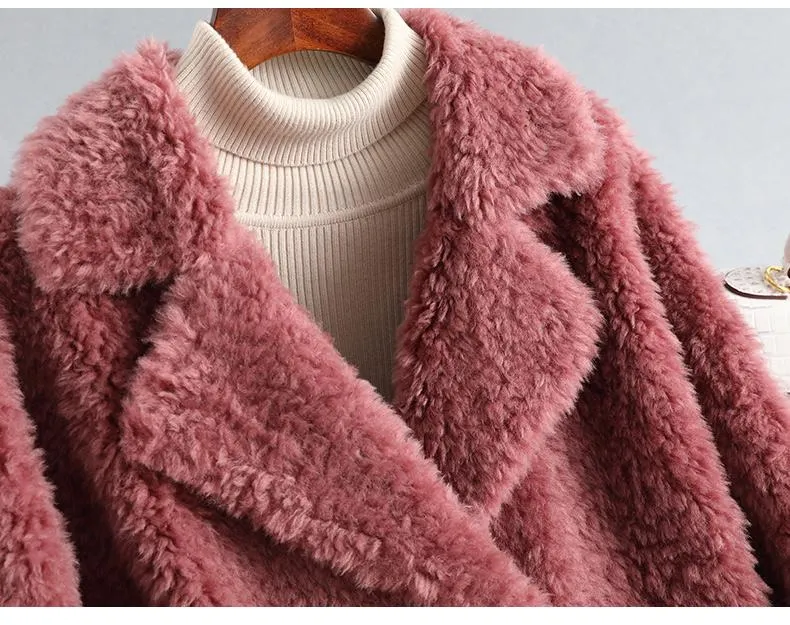 Autumn Winter Female Knitted Solid Sheep Shearling Wool Fur Coats & Jackets