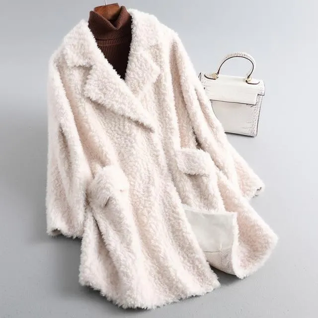 Autumn Winter Female Knitted Solid Sheep Shearling Wool Fur Coats & Jackets