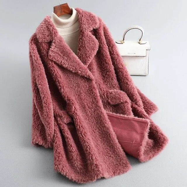 Autumn Winter Female Knitted Solid Sheep Shearling Wool Fur Coats & Jackets