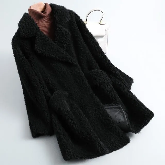 Autumn Winter Female Knitted Solid Sheep Shearling Wool Fur Coats & Jackets