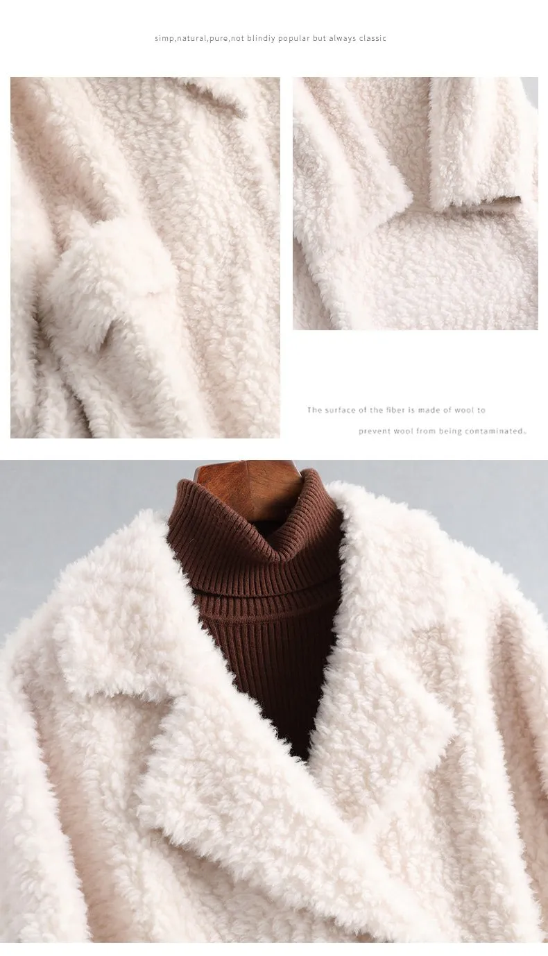 Autumn Winter Female Knitted Solid Sheep Shearling Wool Fur Coats & Jackets