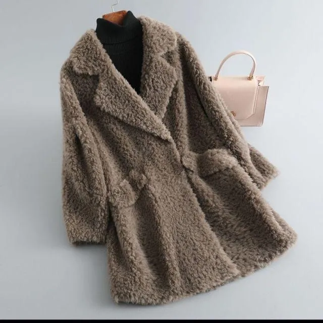 Autumn Winter Female Knitted Solid Sheep Shearling Wool Fur Coats & Jackets