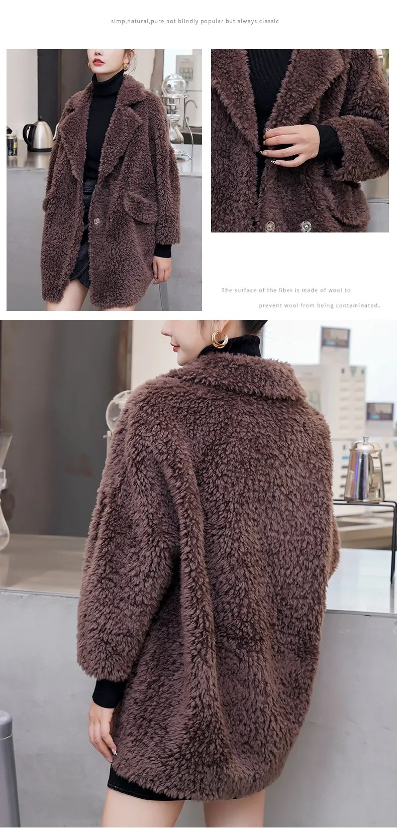 Autumn Winter Female Knitted Solid Sheep Shearling Wool Fur Coats & Jackets