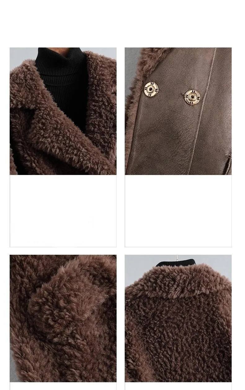 Autumn Winter Female Knitted Solid Sheep Shearling Wool Fur Coats & Jackets