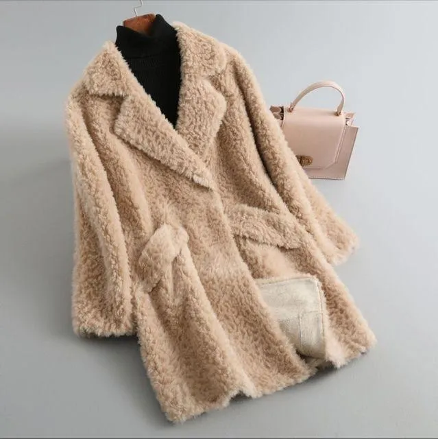 Autumn Winter Female Knitted Solid Sheep Shearling Wool Fur Coats & Jackets