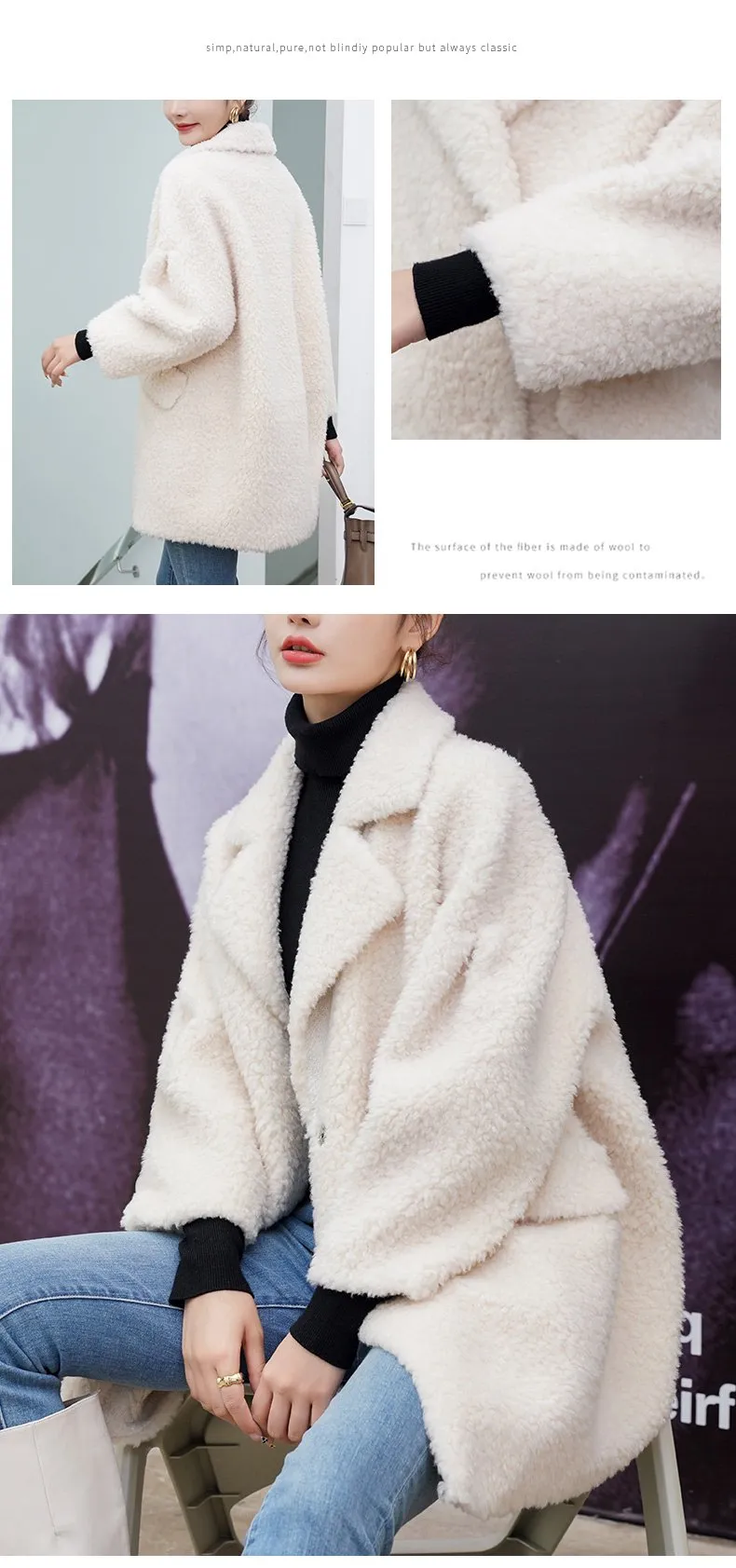 Autumn Winter Female Knitted Solid Sheep Shearling Wool Fur Coats & Jackets