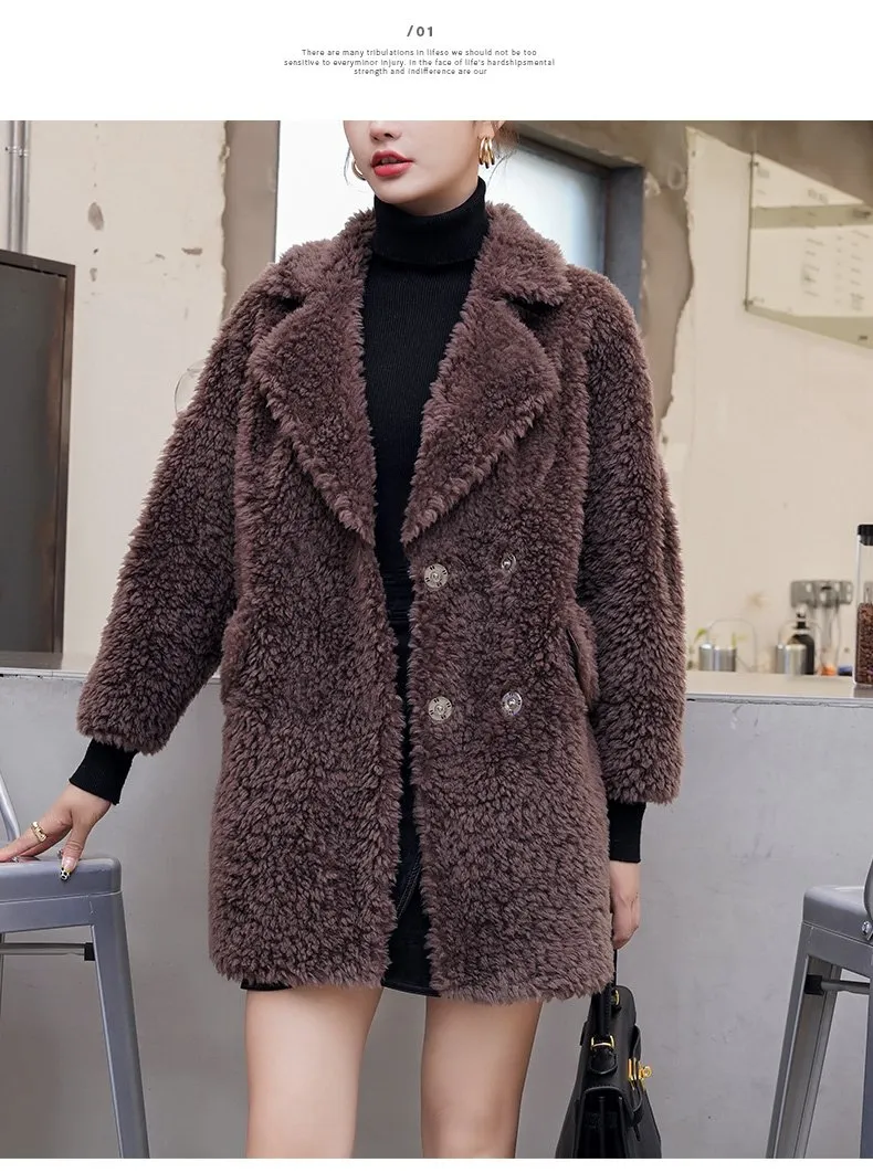 Autumn Winter Female Knitted Solid Sheep Shearling Wool Fur Coats & Jackets