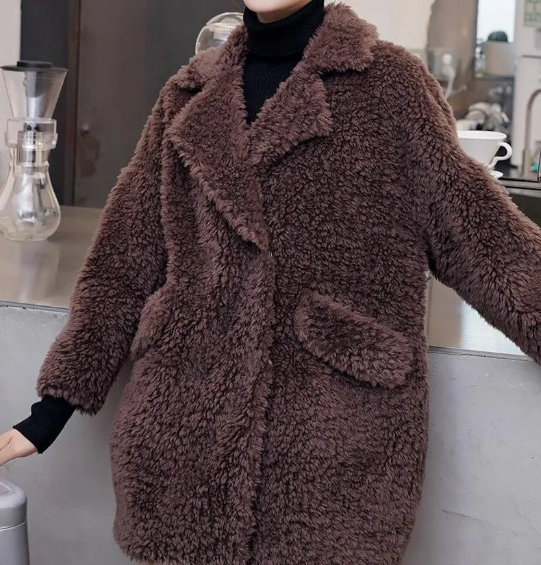 Autumn Winter Female Knitted Solid Sheep Shearling Wool Fur Coats & Jackets