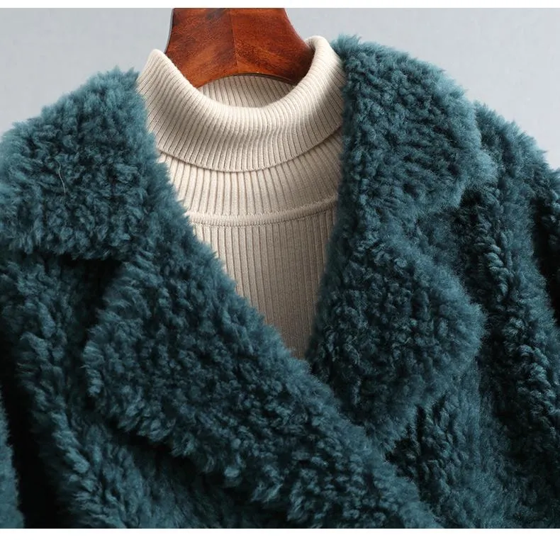 Autumn Winter Female Knitted Solid Sheep Shearling Wool Fur Coats & Jackets