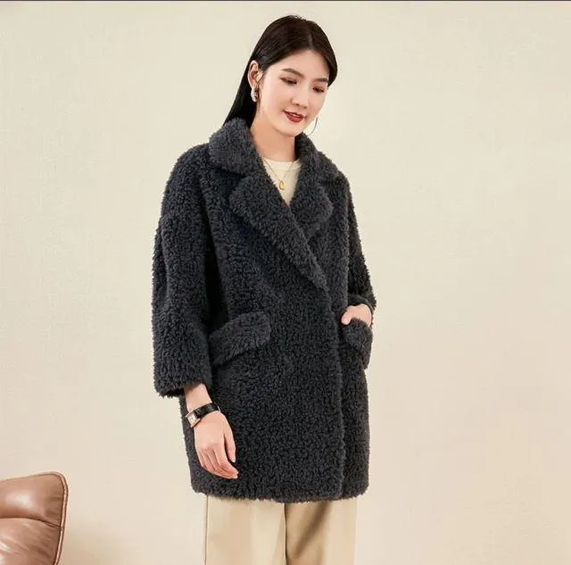 Autumn Winter Female Knitted Solid Sheep Shearling Wool Fur Coats & Jackets