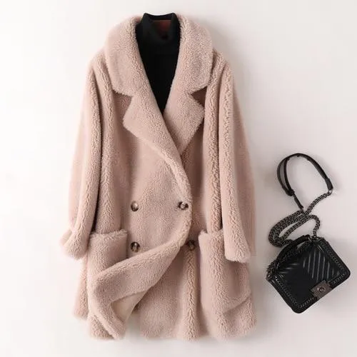 Autumn Winter Women's Sheep Shearling Wool Fur Trench Coats & Jackets