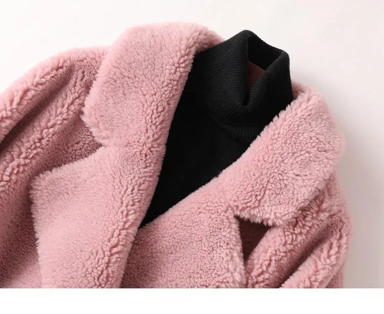 Autumn Winter Women's Sheep Shearling Wool Fur Trench Coats & Jackets