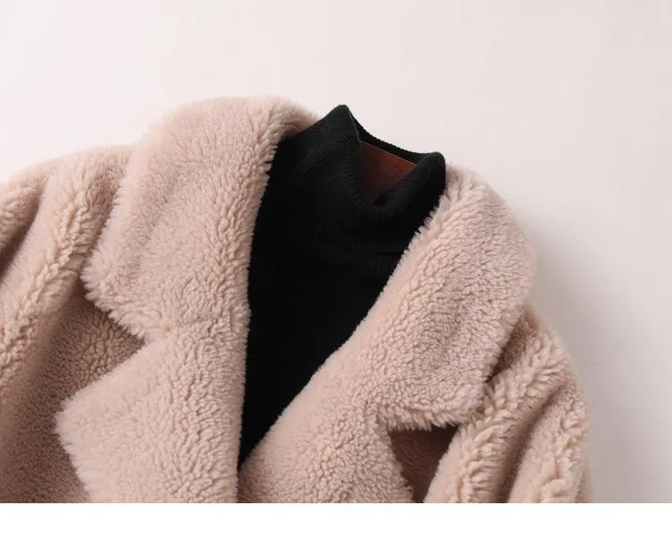 Autumn Winter Women's Sheep Shearling Wool Fur Trench Coats & Jackets