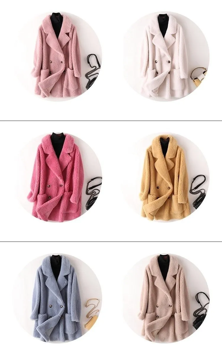 Autumn Winter Women's Sheep Shearling Wool Fur Trench Coats & Jackets