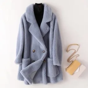 Autumn Winter Women's Sheep Shearling Wool Fur Trench Coats & Jackets