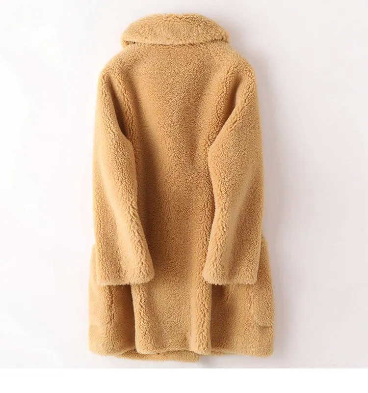 Autumn Winter Women's Sheep Shearling Wool Fur Trench Coats & Jackets