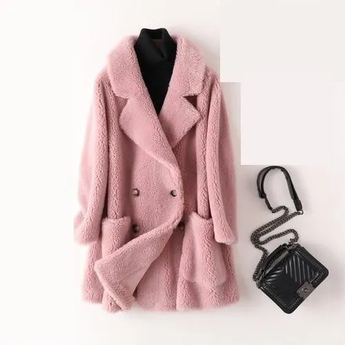 Autumn Winter Women's Sheep Shearling Wool Fur Trench Coats & Jackets