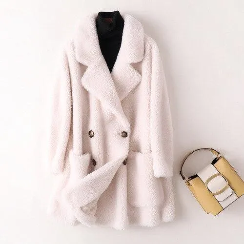 Autumn Winter Women's Sheep Shearling Wool Fur Trench Coats & Jackets