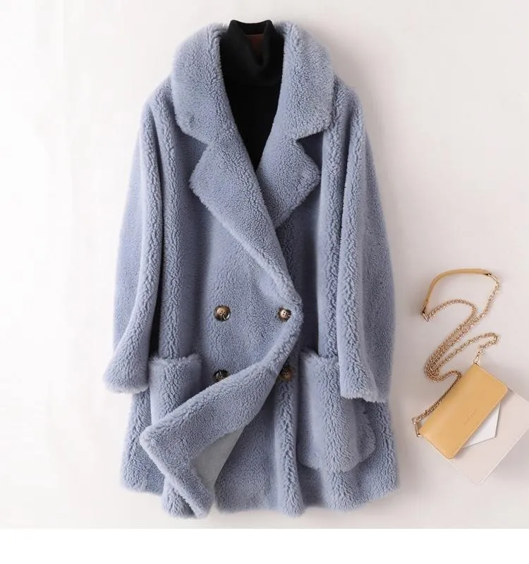 Autumn Winter Women's Sheep Shearling Wool Fur Trench Coats & Jackets