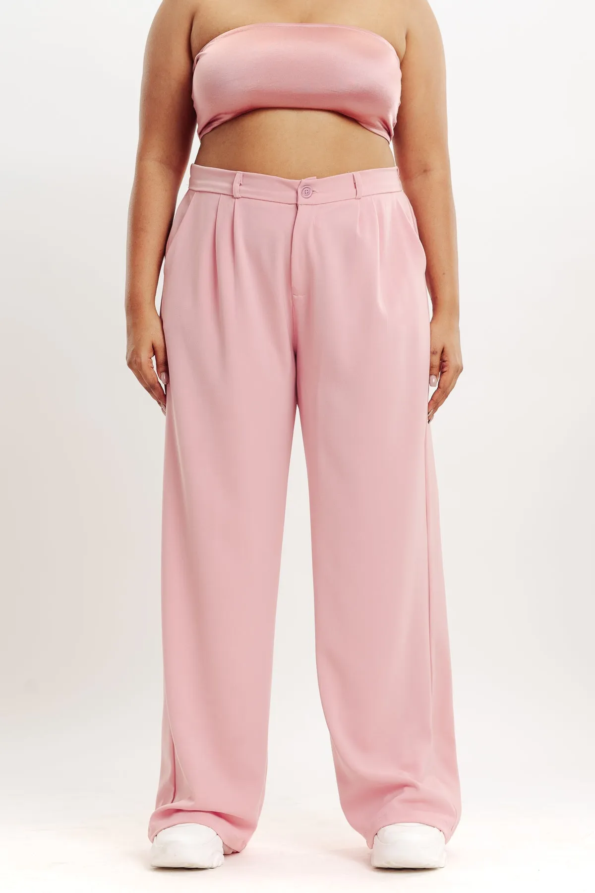 Baby Pink Pleated Straight Fit Curve Korean Pant