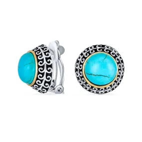 Bali Button Style 2 Tone Simulated Pearl Black Onyx Turquoise Clip On Earrings