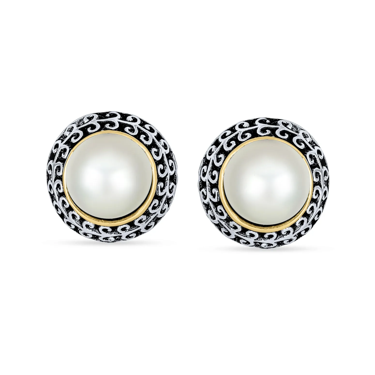 Bali Button Style 2 Tone Simulated Pearl Black Onyx Turquoise Clip On Earrings