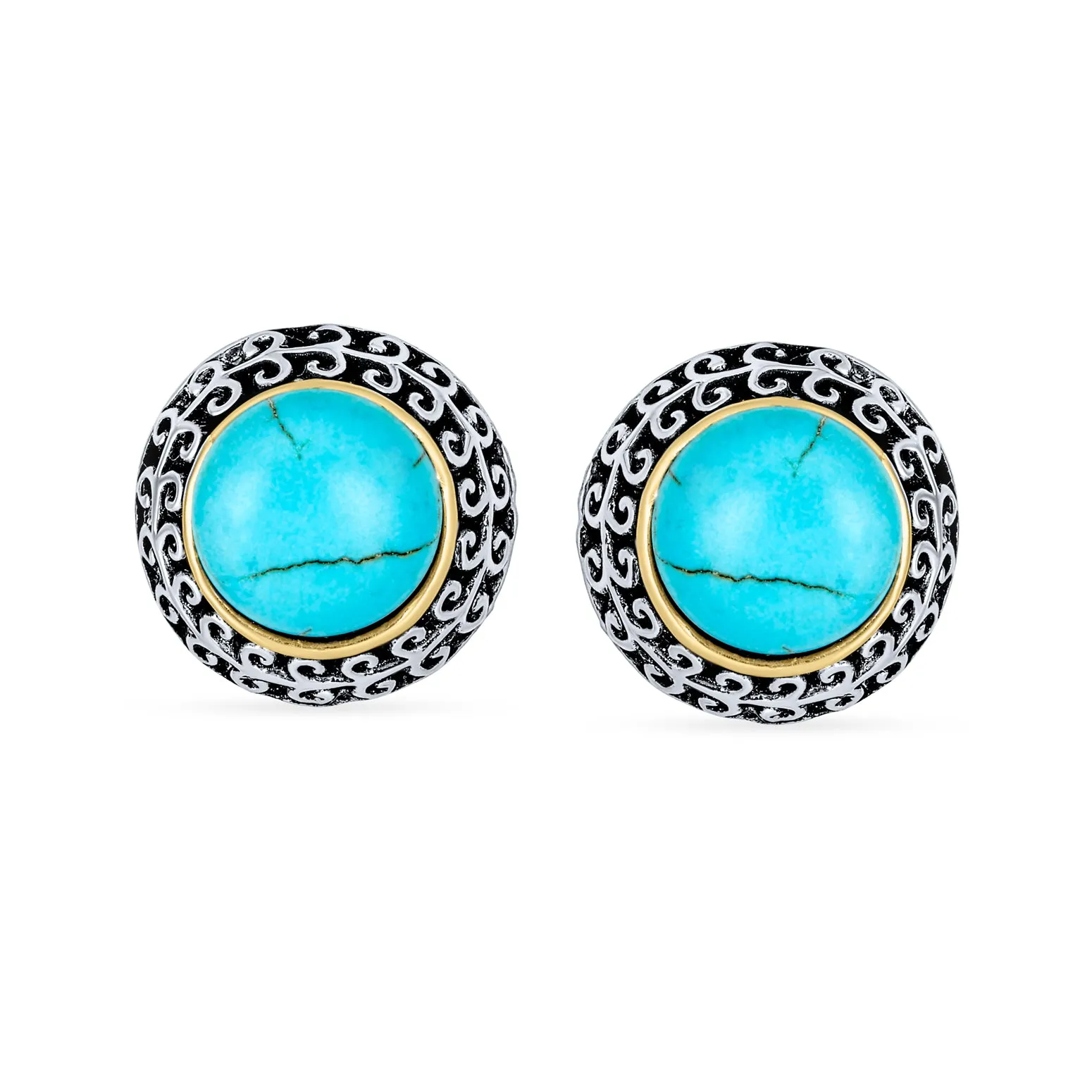 Bali Button Style 2 Tone Simulated Pearl Black Onyx Turquoise Clip On Earrings