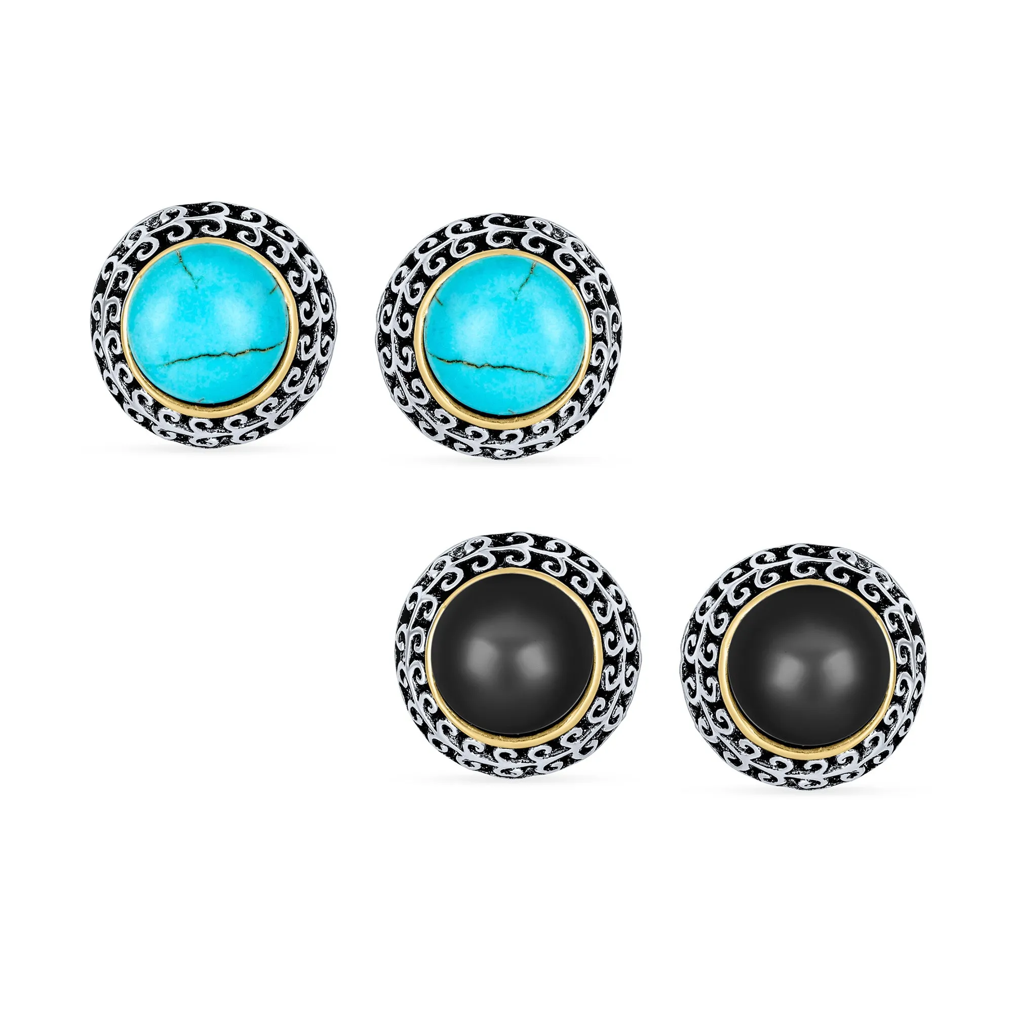 Bali Button Style 2 Tone Simulated Pearl Black Onyx Turquoise Clip On Earrings