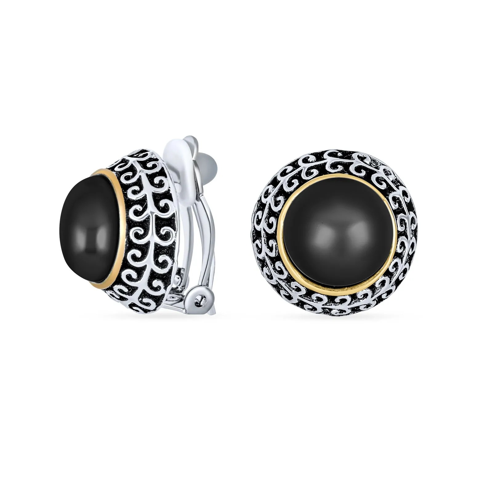 Bali Button Style 2 Tone Simulated Pearl Black Onyx Turquoise Clip On Earrings