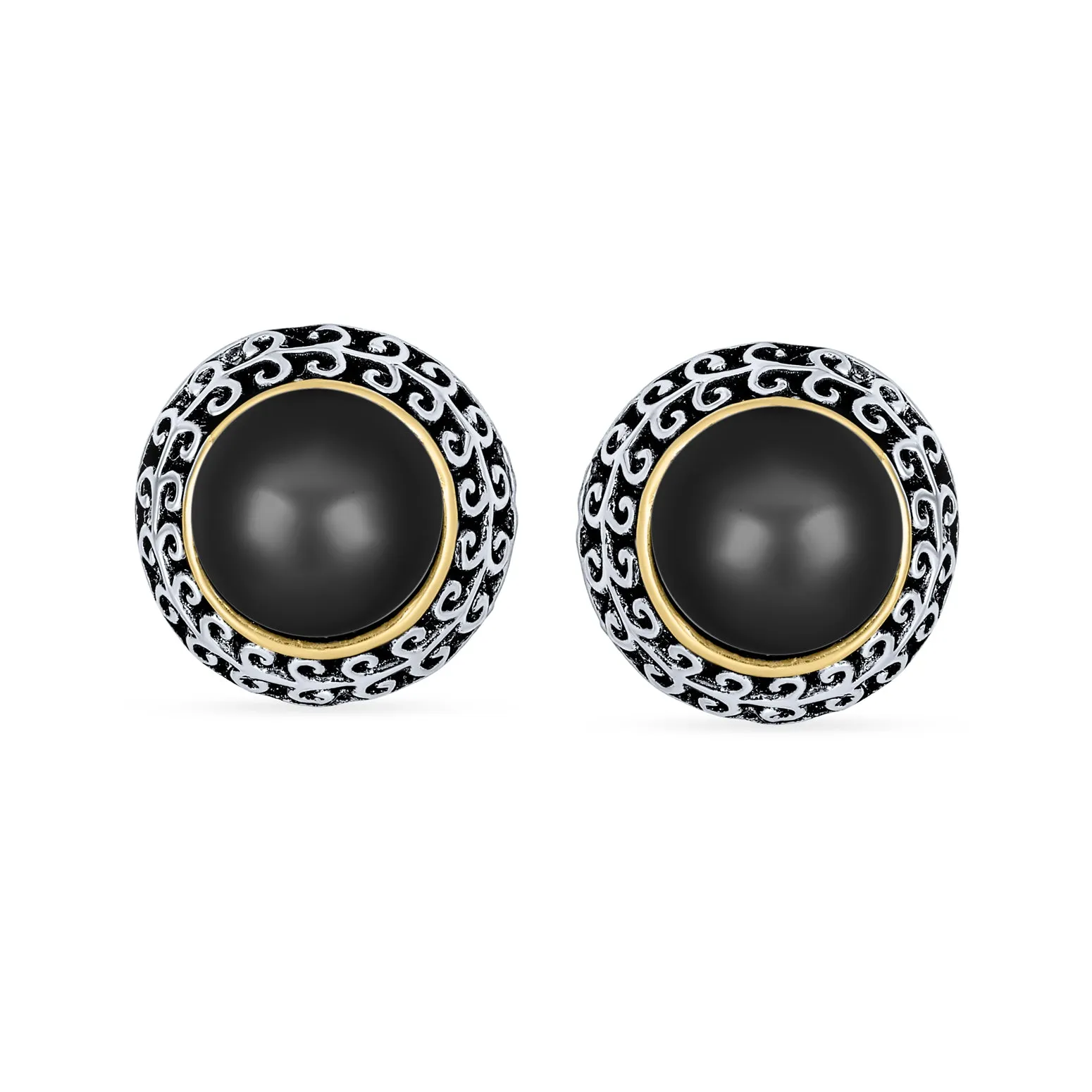 Bali Button Style 2 Tone Simulated Pearl Black Onyx Turquoise Clip On Earrings