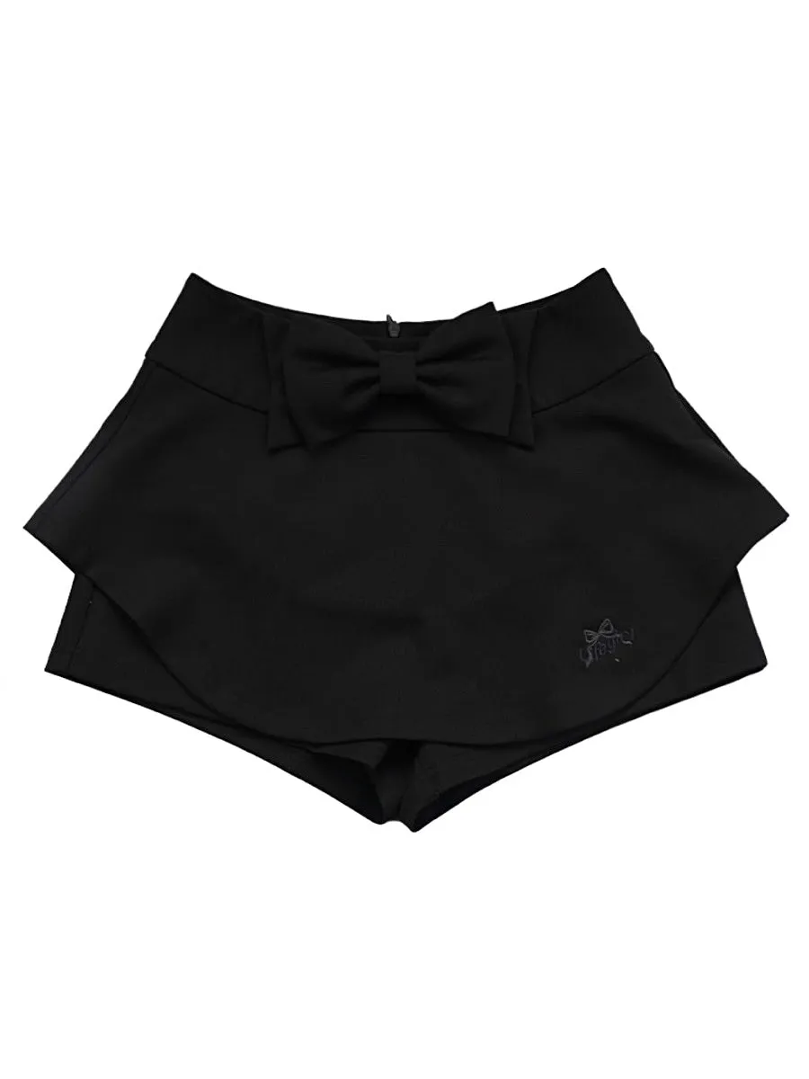 Balletcore Style Black Knit Mini Skorts with Bow Knot