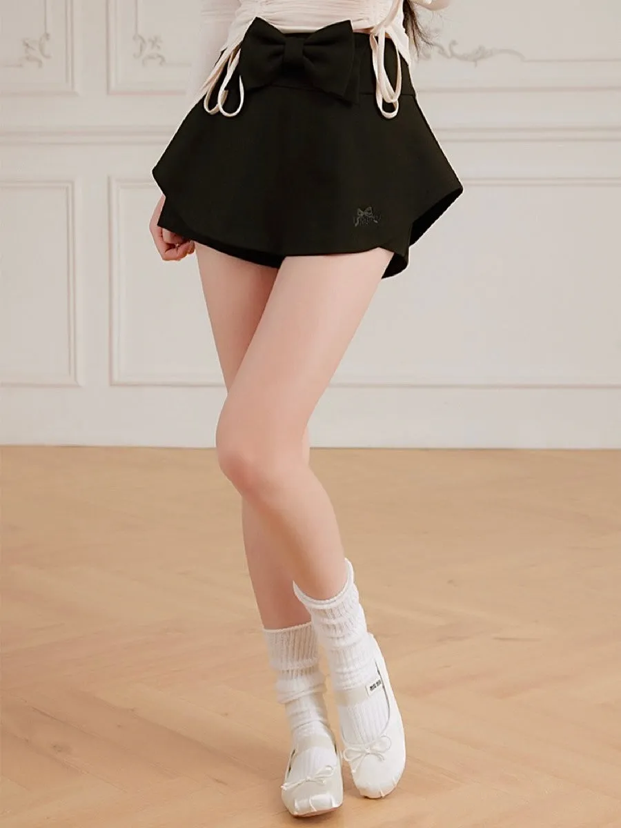 Balletcore Style Black Knit Mini Skorts with Bow Knot