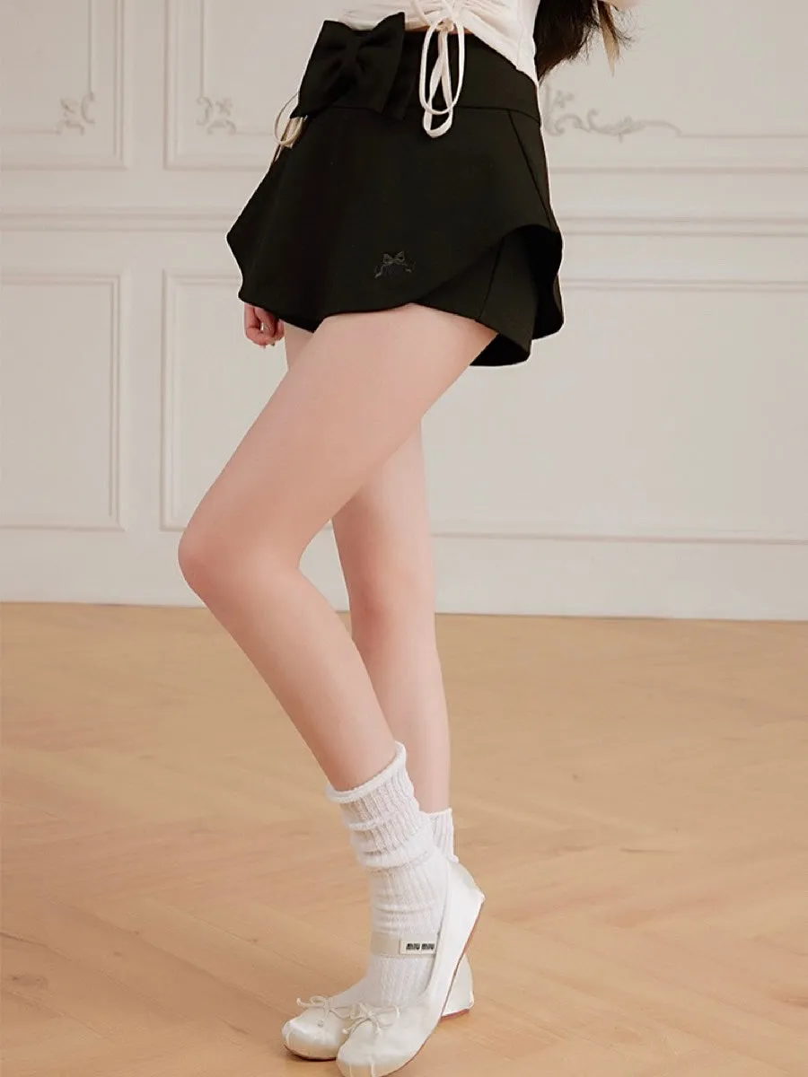 Balletcore Style Black Knit Mini Skorts with Bow Knot