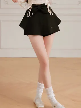 Balletcore Style Black Knit Mini Skorts with Bow Knot