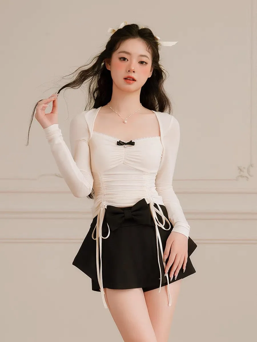 Balletcore Style Black Knit Mini Skorts with Bow Knot