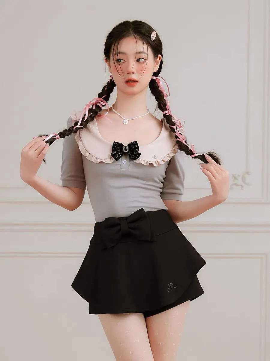 Balletcore Style Black Knit Mini Skorts with Bow Knot